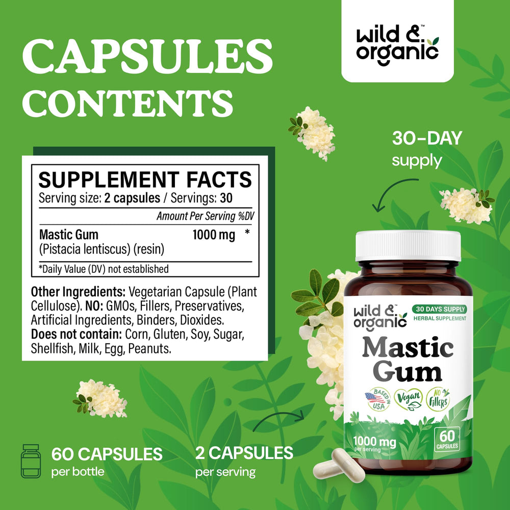 Wild and Organic mastic gum vegan capsules in plant-based formula.