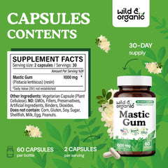 Wild and Organic mastic gum vegan capsules in plant-based formula.