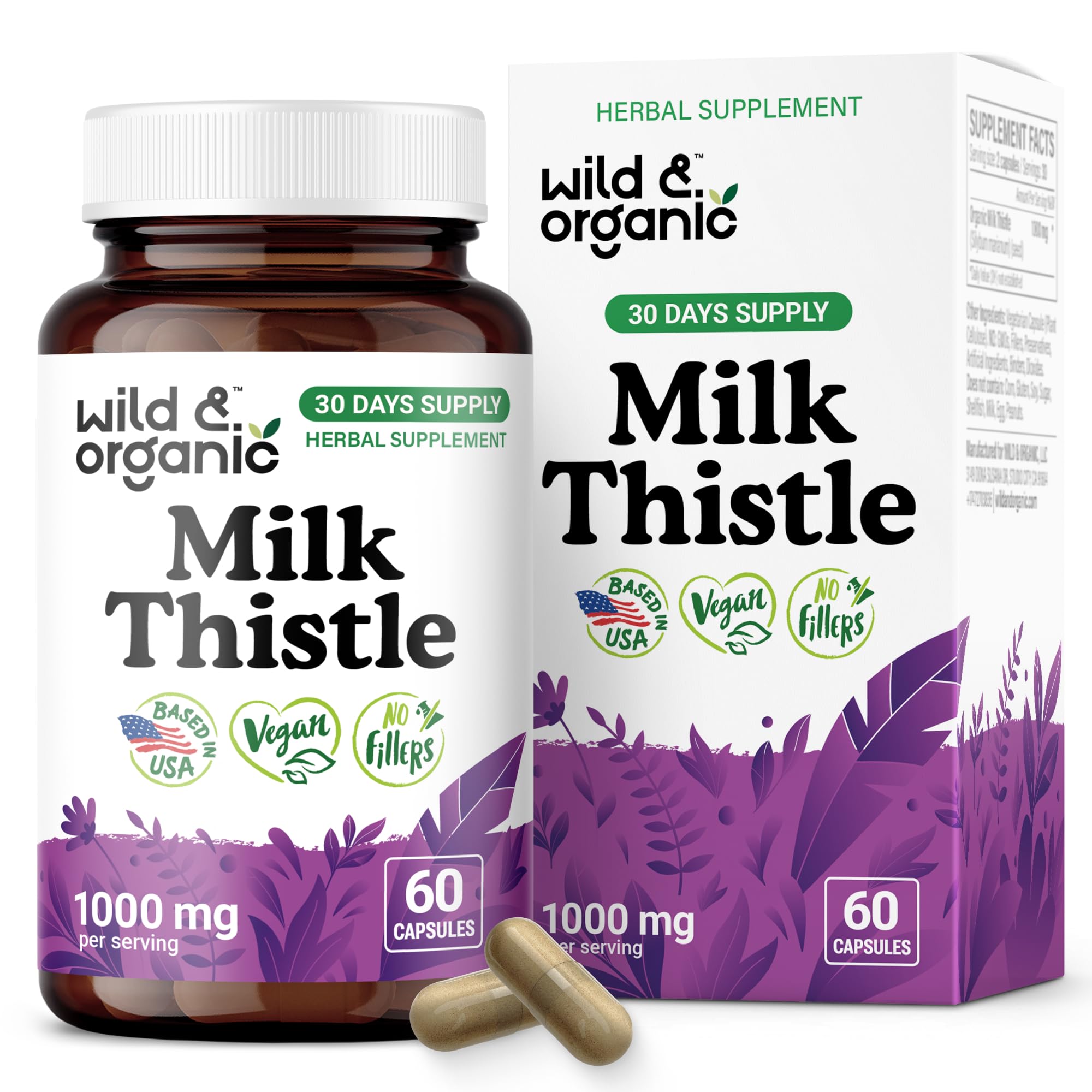 Wild & Organic milk thistle capsules bottle showing 1000 mg per serving for daily support.