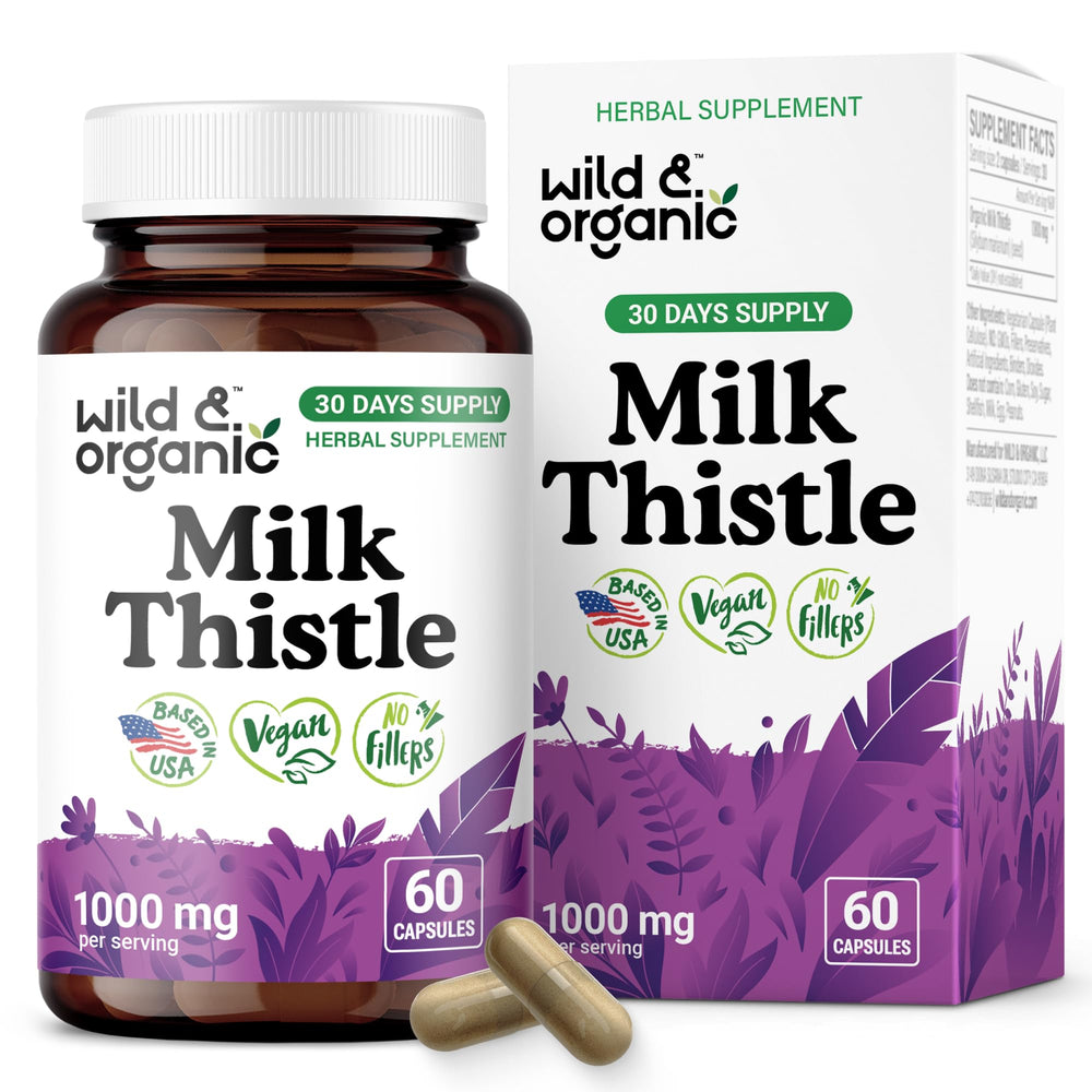 Wild & Organic milk thistle capsules bottle showing 1000 mg per serving for daily support.