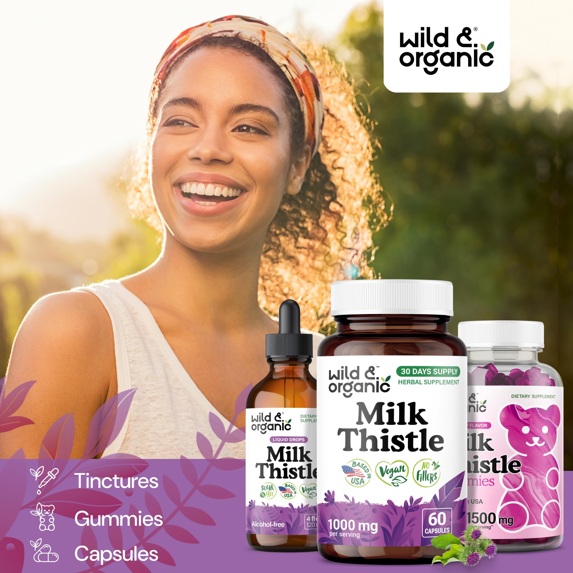 Wild & Organic milk thistle capsules 30-day supply shown with two capsules daily suggestion.