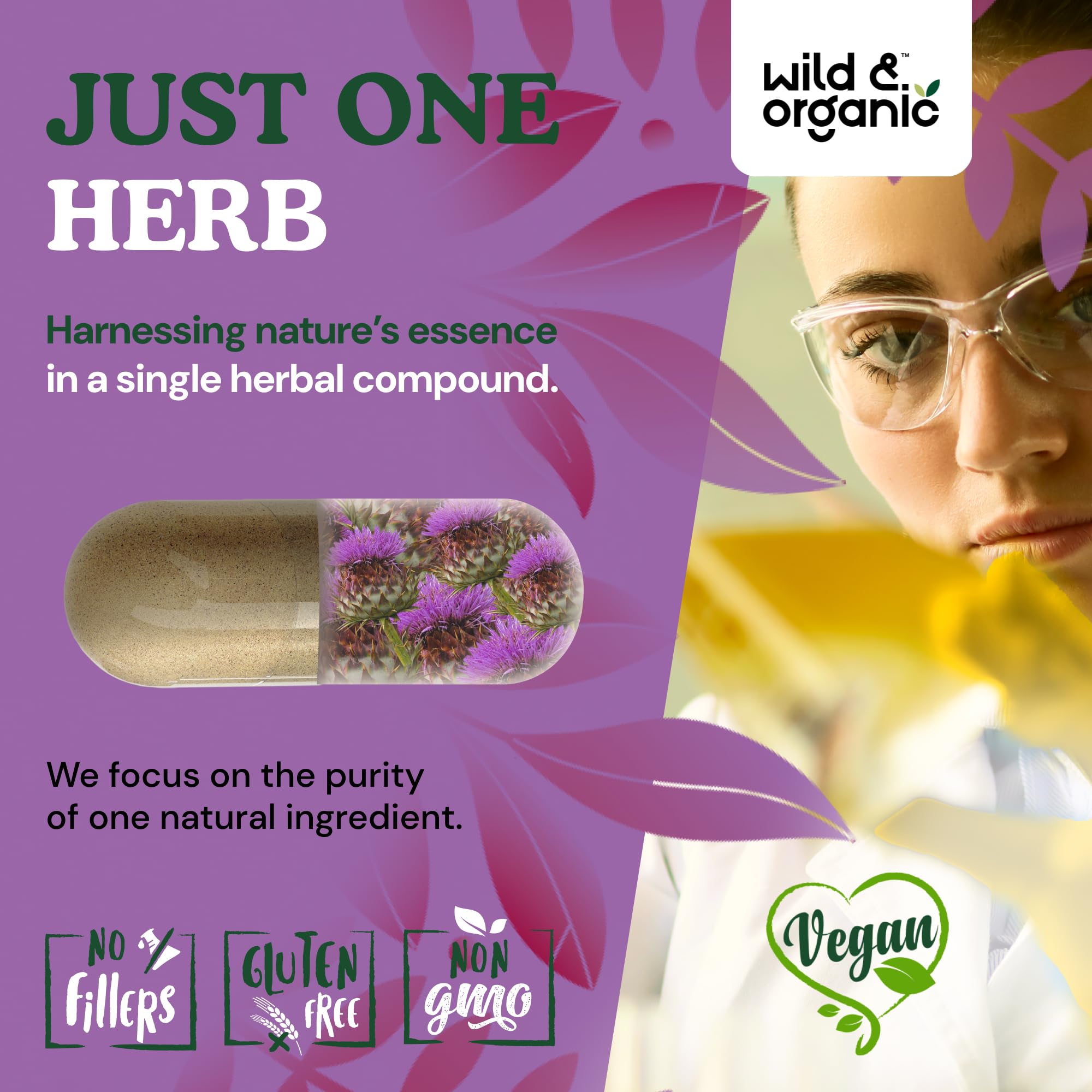 Wild & Organic milk thistle capsules easy-to-swallow capsule design for daily use.