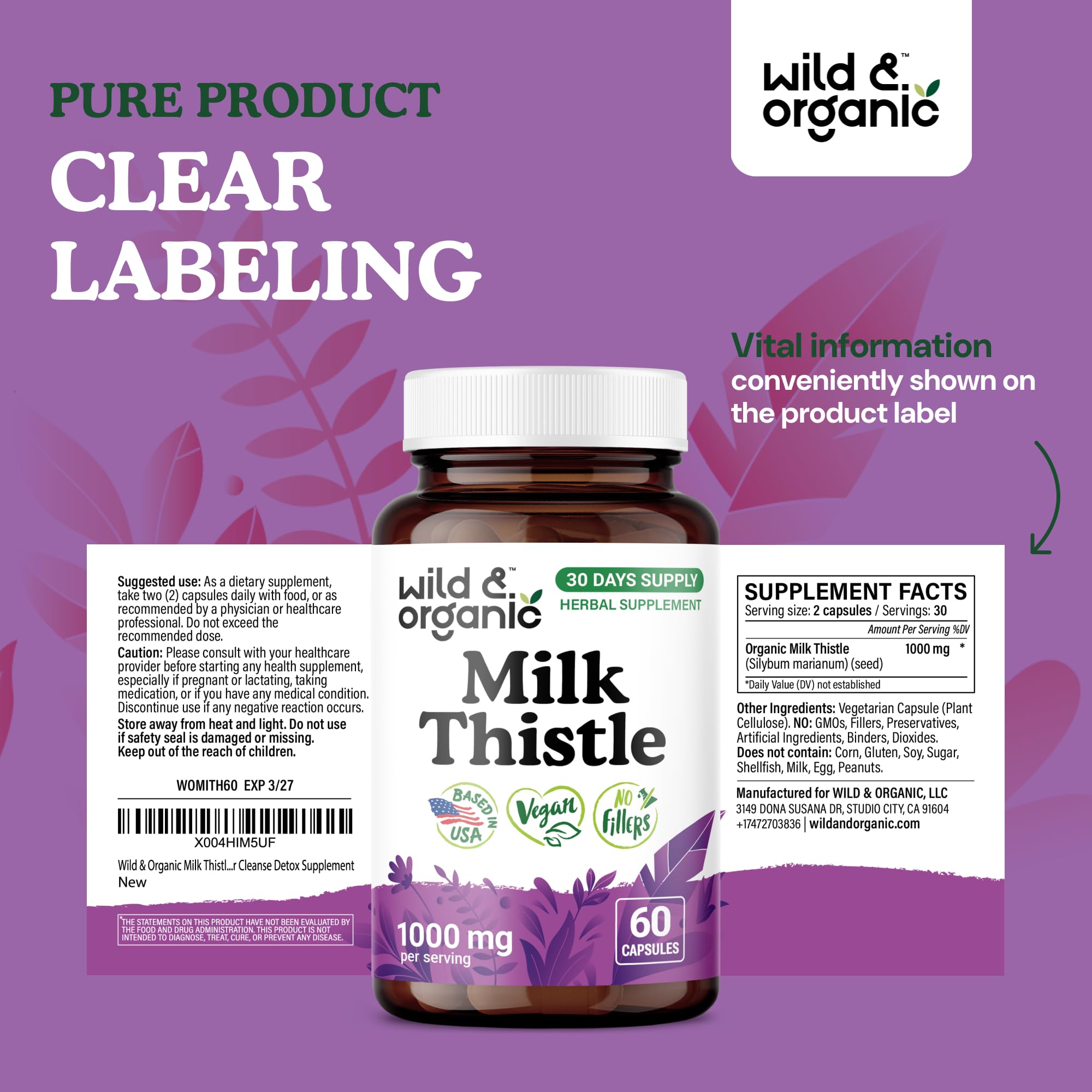 Wild & Organic milk thistle packaging front emphasizes no fillers and non-GMO ingredients.