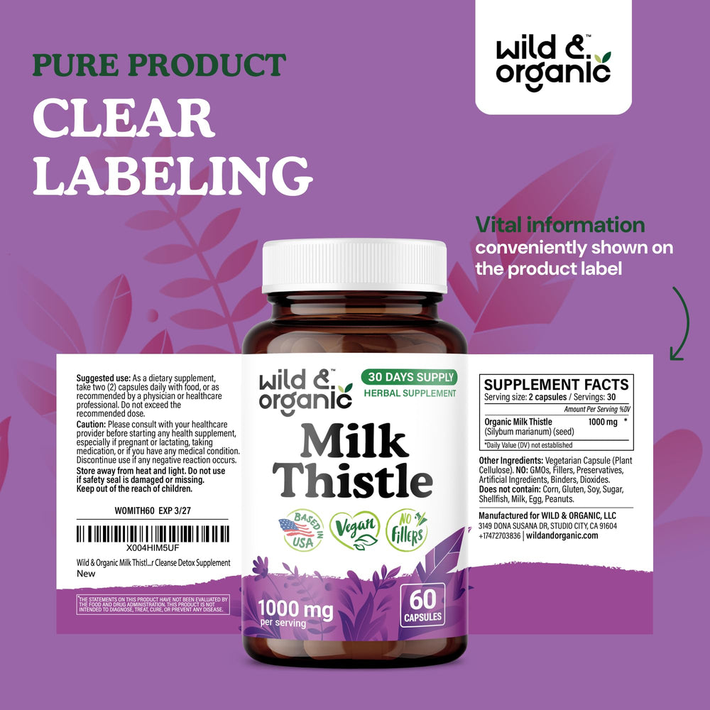 Wild & Organic milk thistle packaging front emphasizes no fillers and non-GMO ingredients.