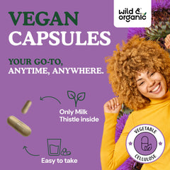 Wild & Organic milk thistle capsules plant-based coating demonstrates vegan-friendly design.