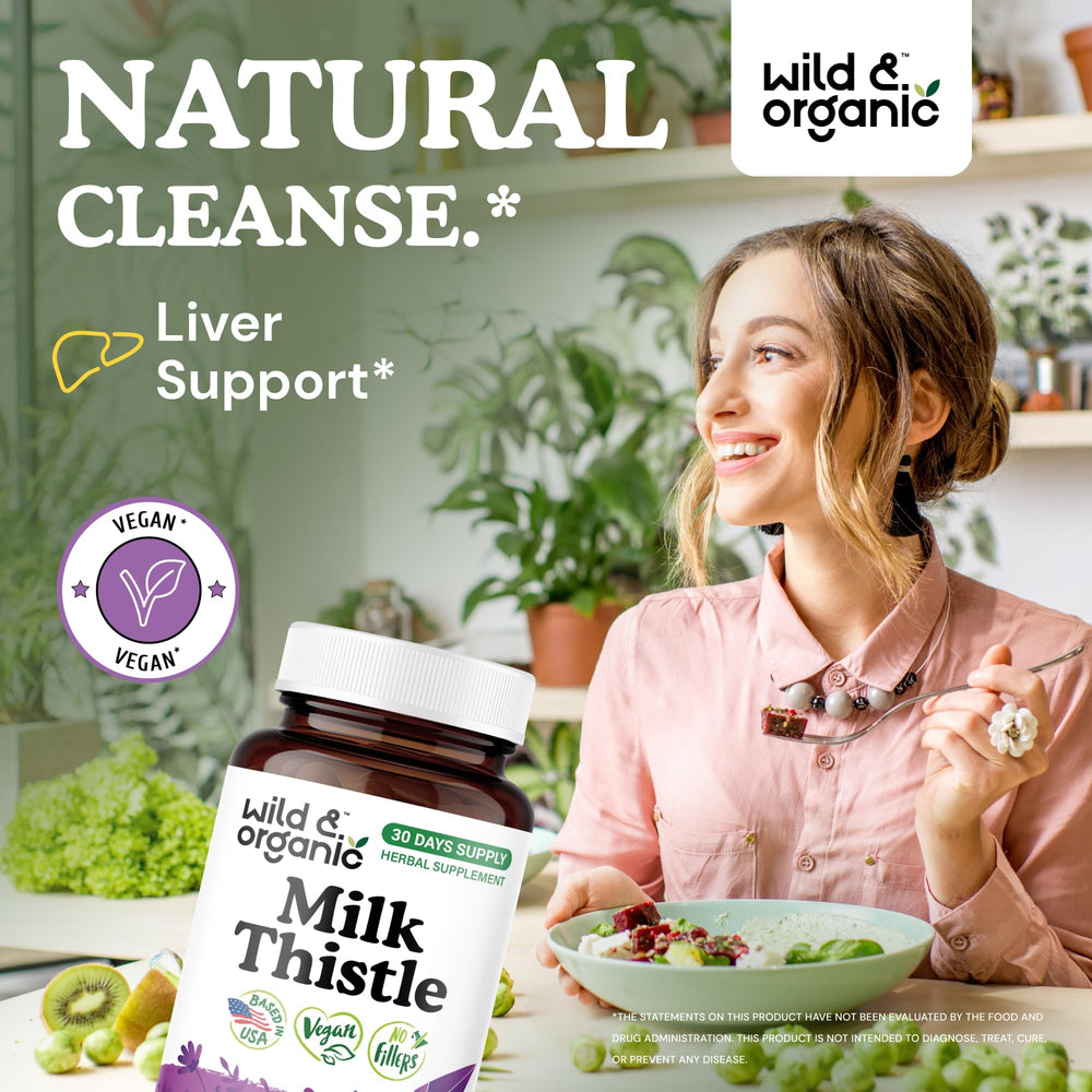 Wild & Organic milk thistle capsules vegan formula label highlights plant-based, non-GMO ingredients.