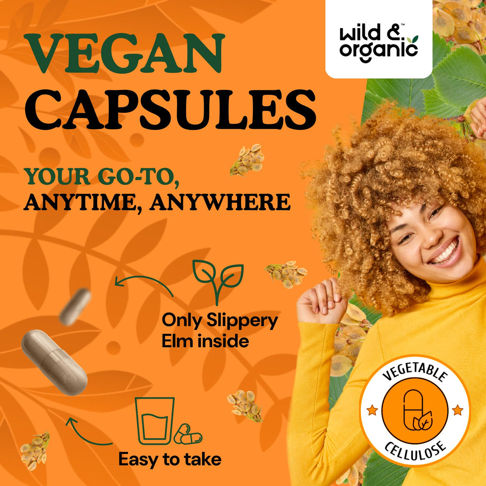 Wild & Organic plant-based coating on slippery elm capsules for vegan suitability.
