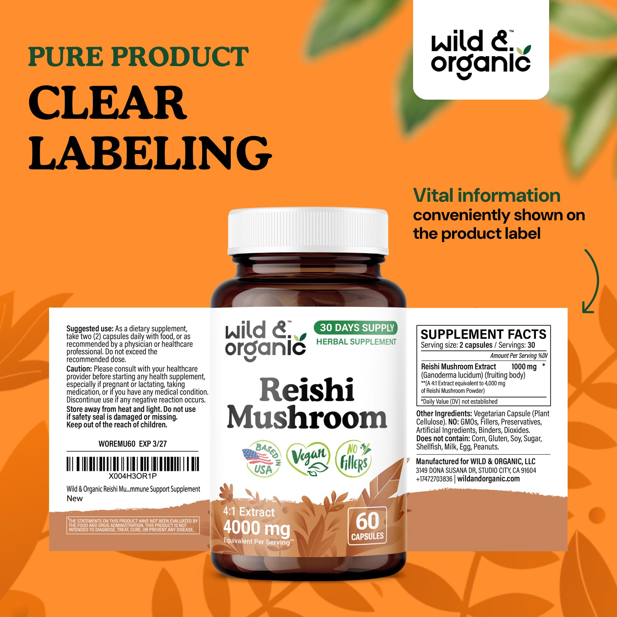 Wild and Organic Reishi bottle indicating a 30-day supply