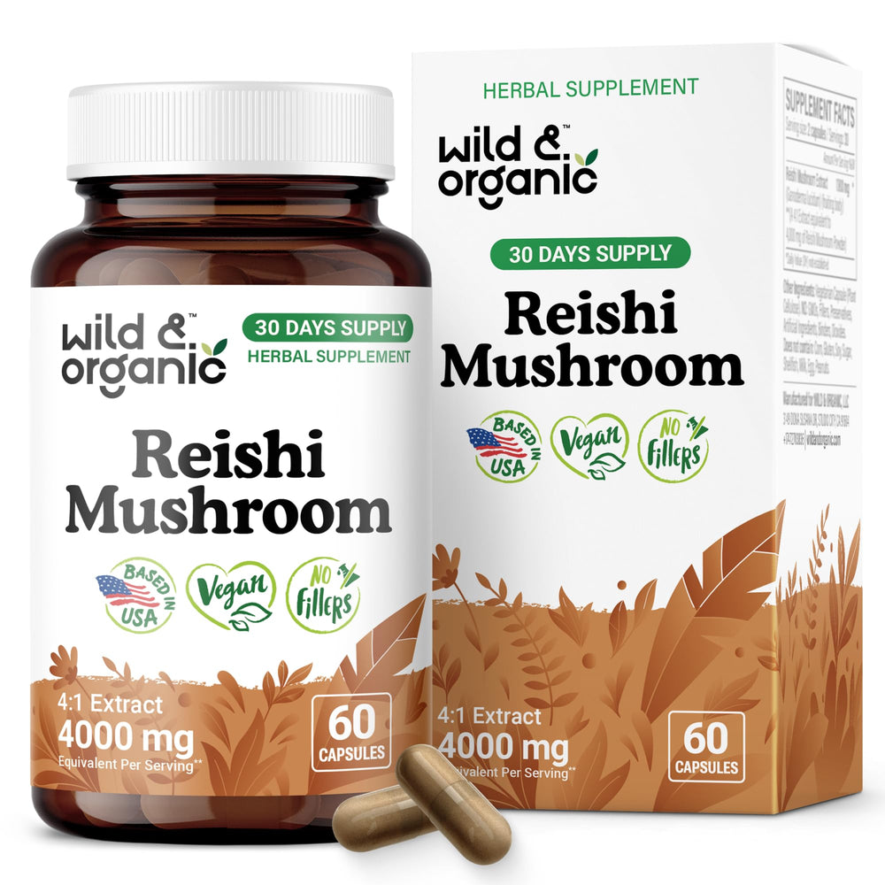 Wild and Organic Reishi capsules bottle front view for daily immune support