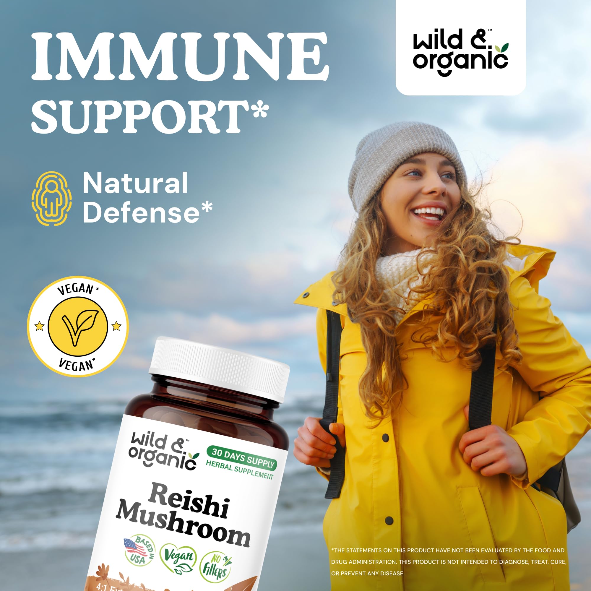 Wild and Organic Reishi capsules bottle side view highlighting 60 capsules