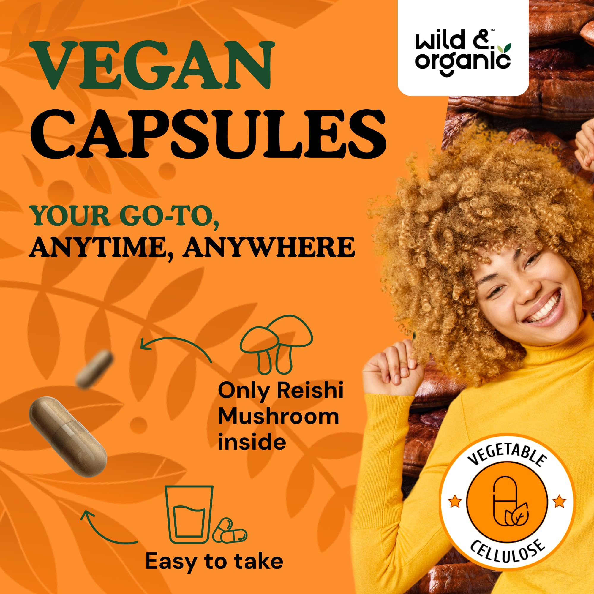 Wild and Organic Reishi capsules pouring into hand for easy intake