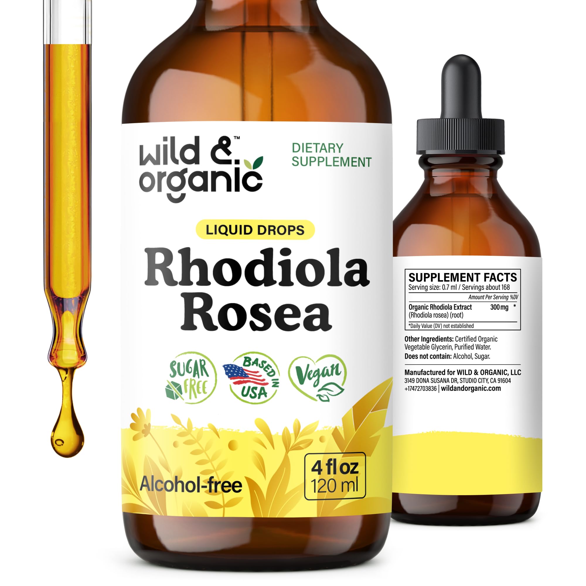 Wild & Organic Rhodiola Rosea tincture bottle for convenient daily mood support.