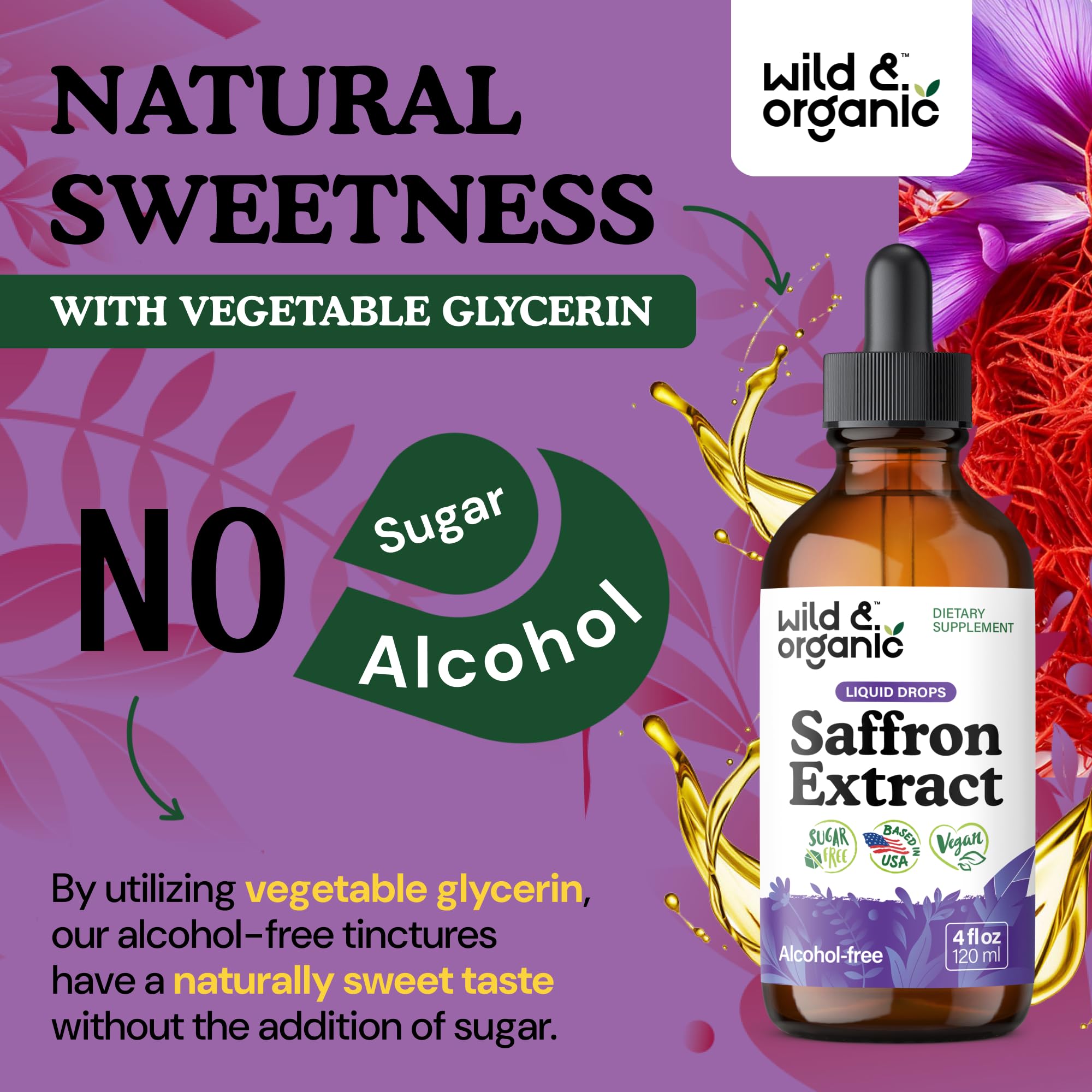 Wild & Organic saffron bottle shows 168-day supply for long-term use.