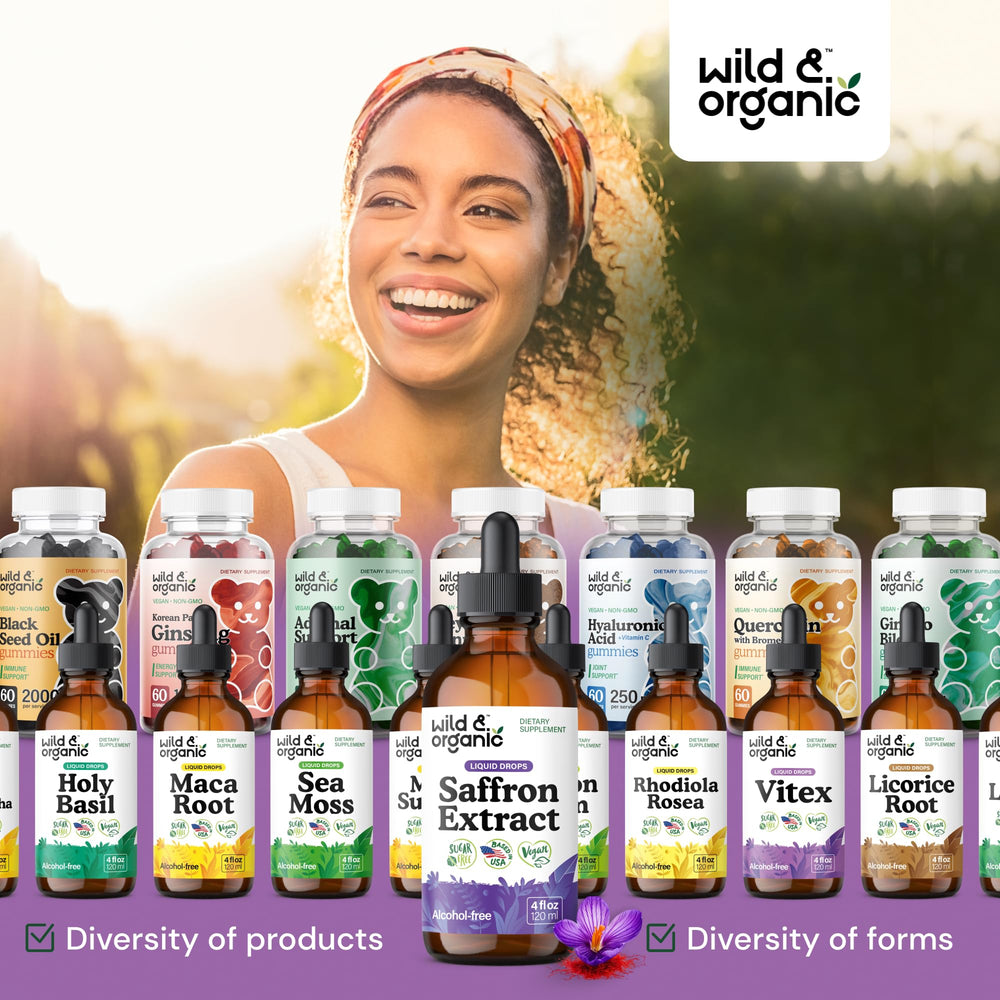 Wild & Organic saffron supplement bottle on shelf suggests simple daily routine.