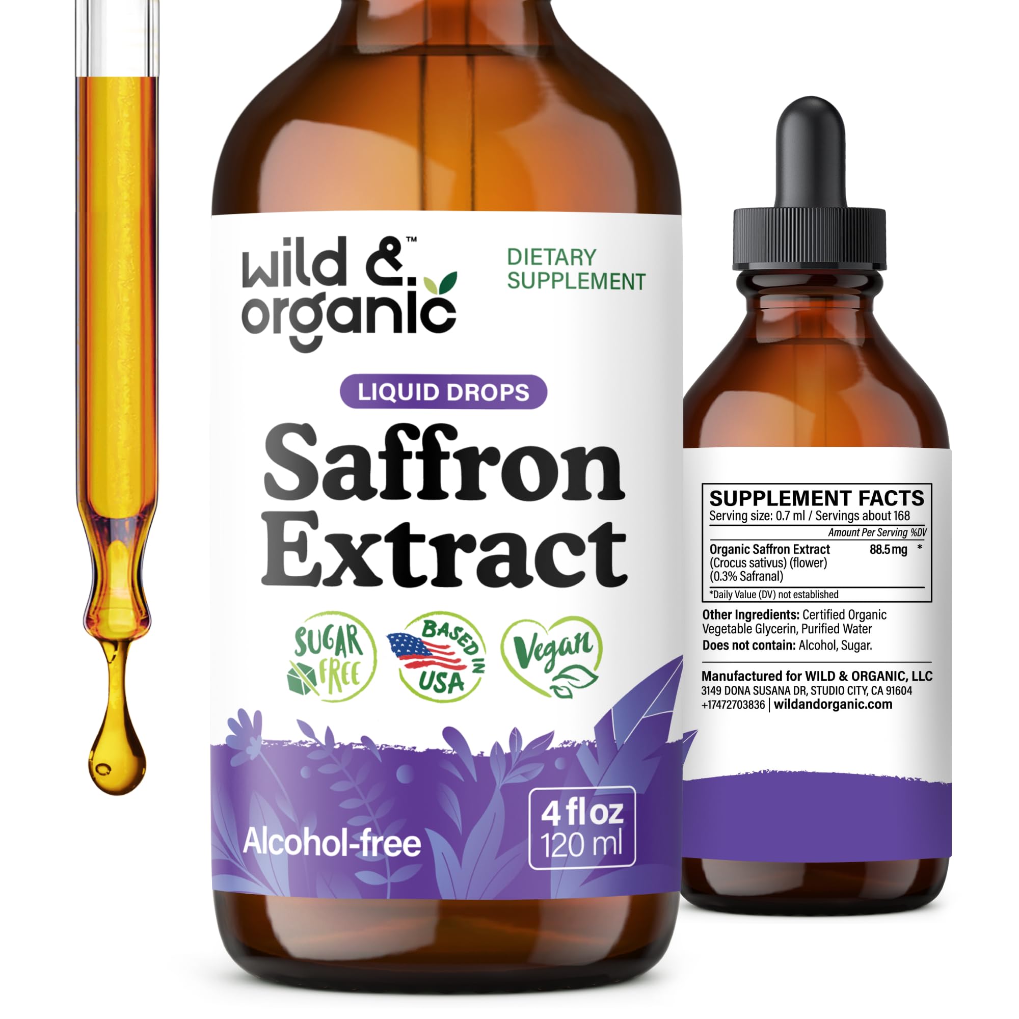 Wild & Organic saffron supplement bottle pour illustrates easy daily dosing for mood support.