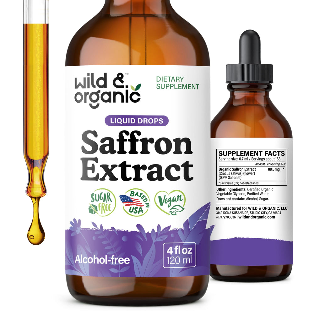 Wild & Organic saffron supplement bottle pour illustrates easy daily dosing for mood support.