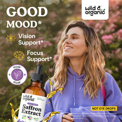 Wild & Organic saffron supplement drops application demonstrates convenient dosing for focus and calm moments.