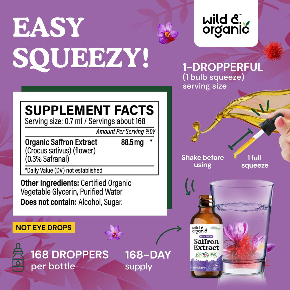 Wild & Organic saffron supplement label closeup highlights vegan and GMO-free ingredients.