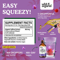 Wild & Organic saffron supplement label closeup highlights vegan and GMO-free ingredients.