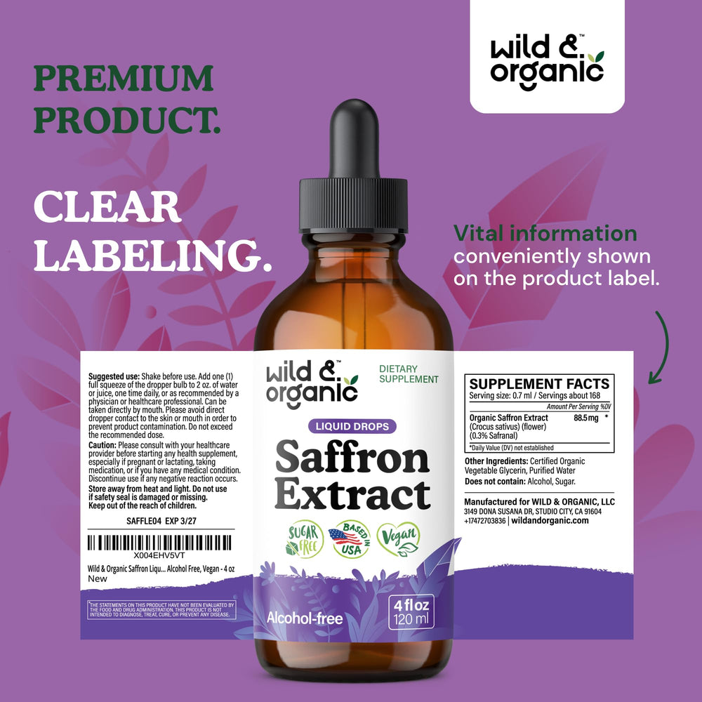 Wild & Organic saffron tincture visual hero presents a ready-to-use bottle.