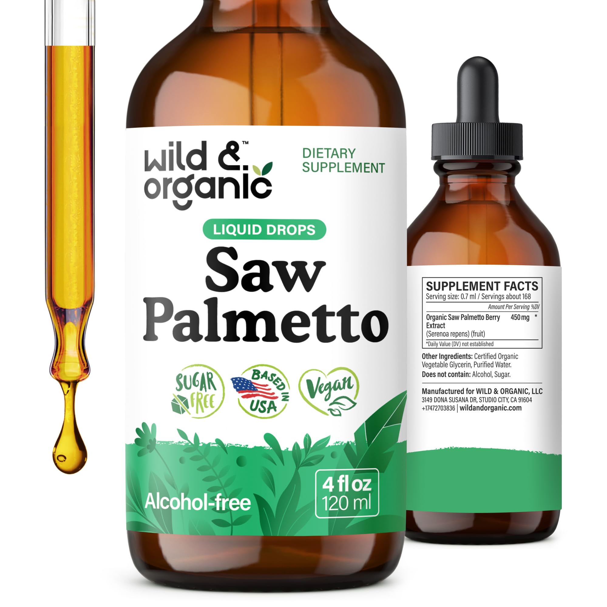 Wild & Organic Saw Palmetto tincture bottle front view for convenient daily dosing.