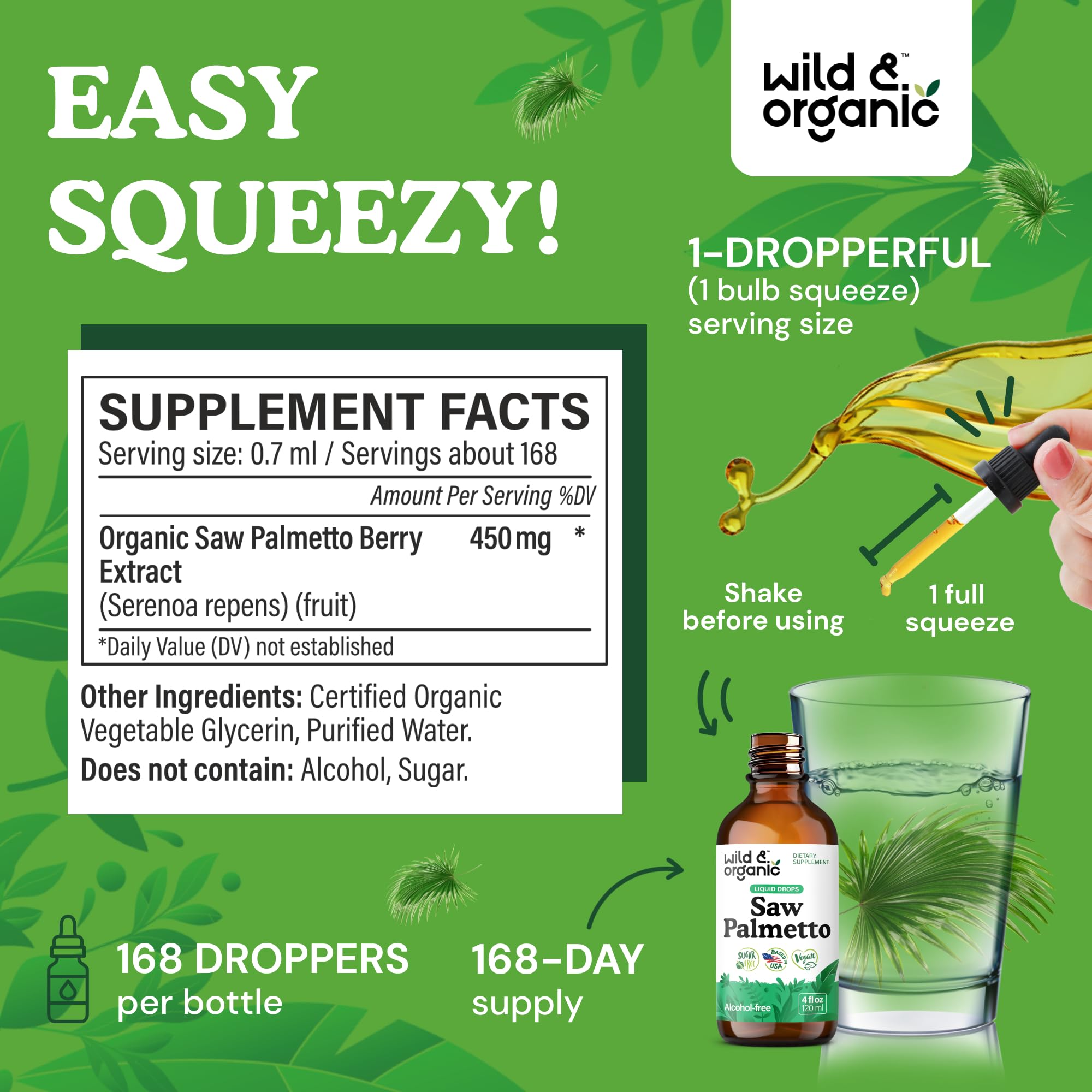 Dropper dispensing Wild & Organic tincture for easy dosing at any time.