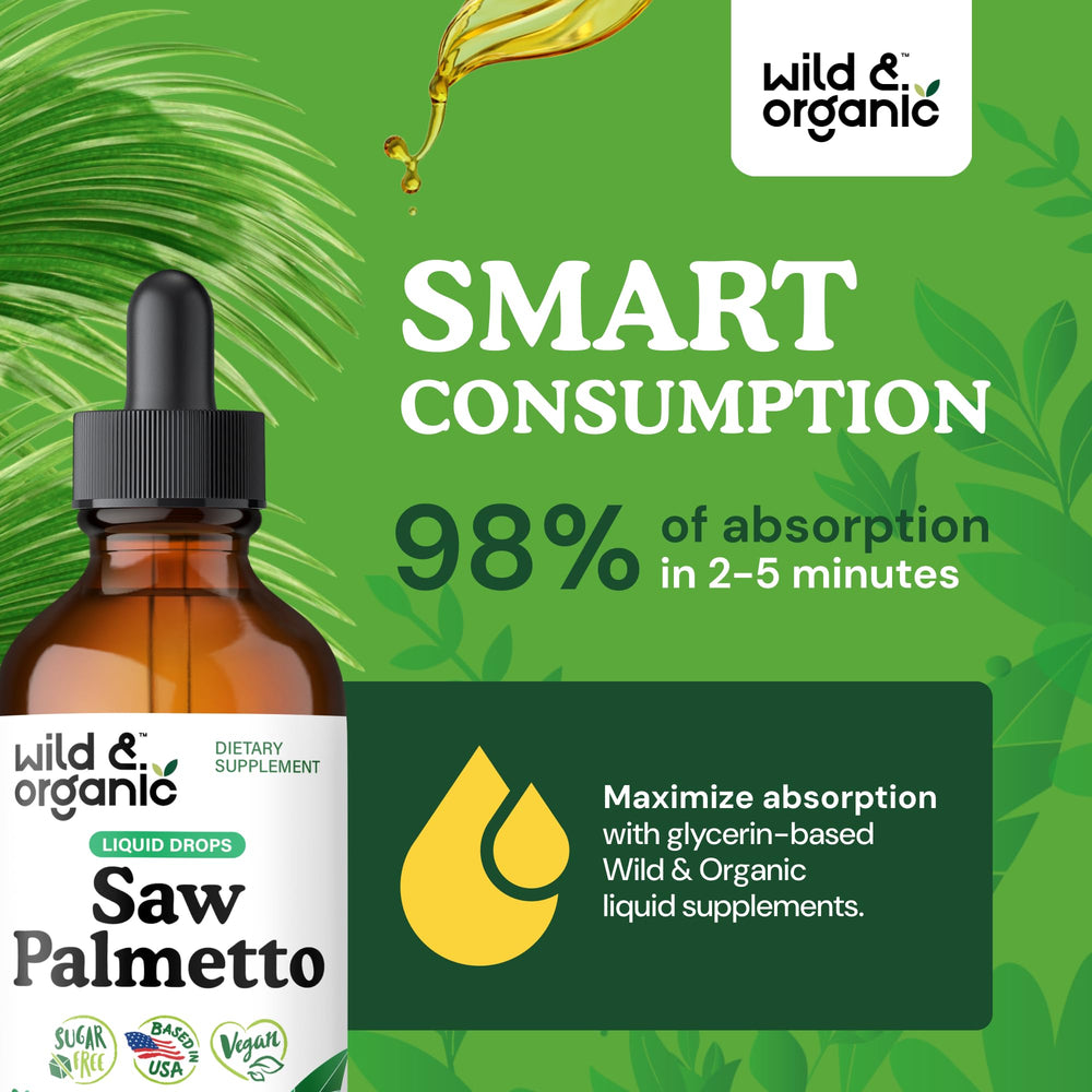 Ingredients label on Wild & Organic saw palmetto tincture showcasing pure extract.