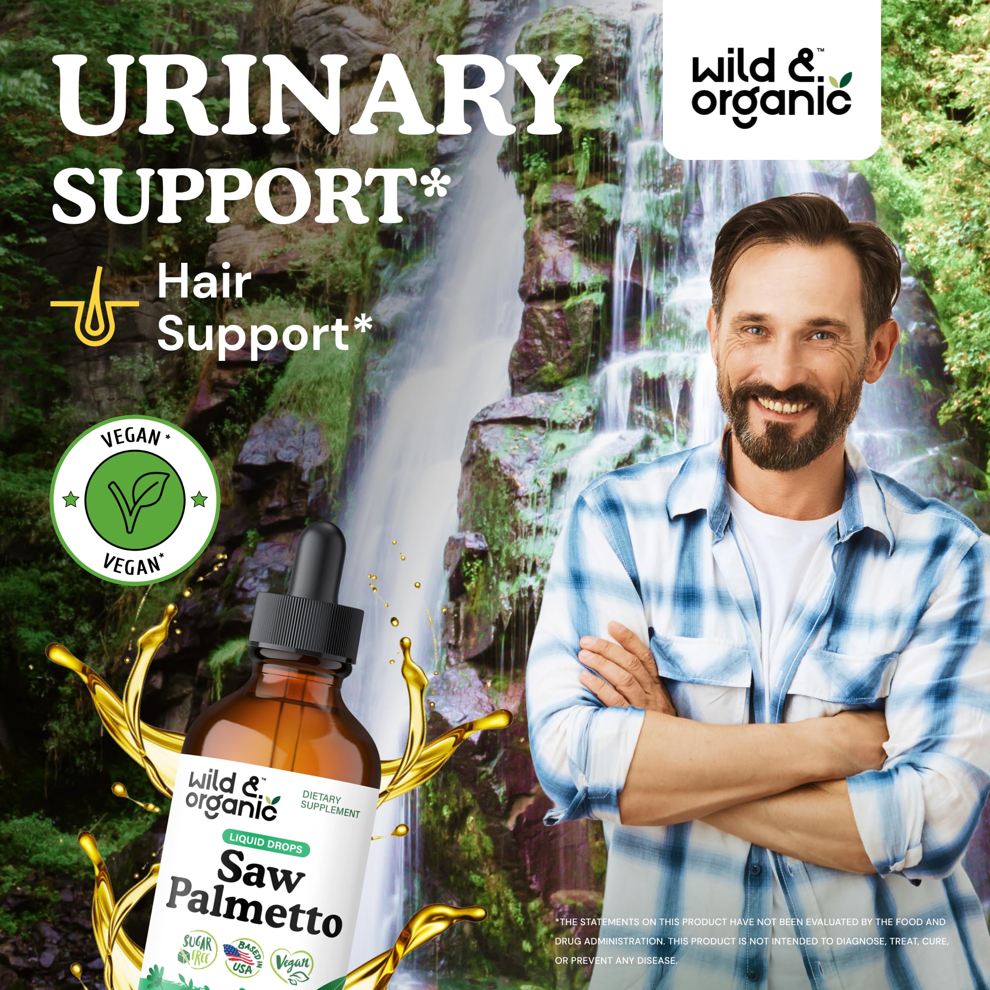 Wild & Organic tincture label highlights vegan formula for clean use.