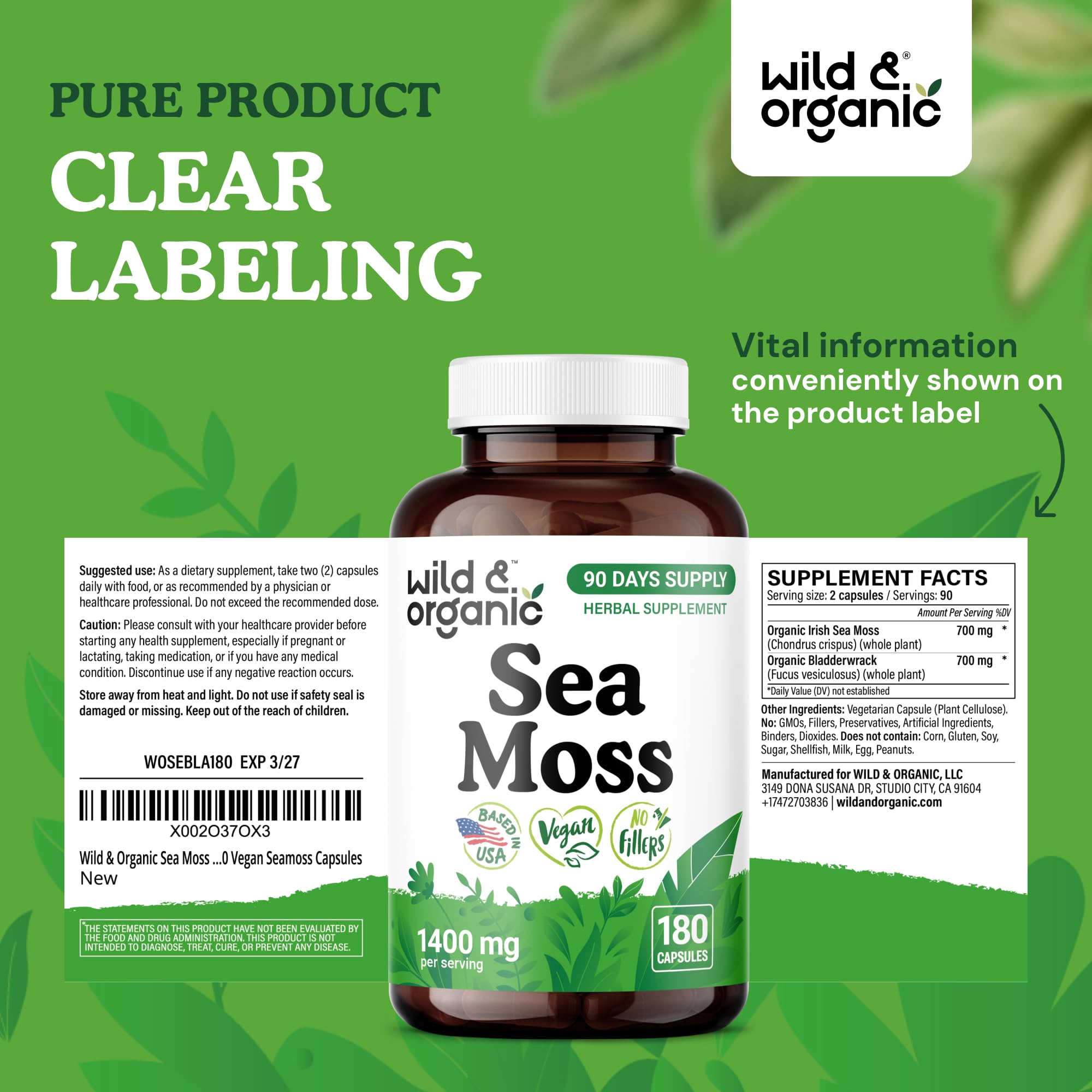 Wild and Organic sea moss complex capsules with bladderwrack ingredients highlighted for natural nourishment.