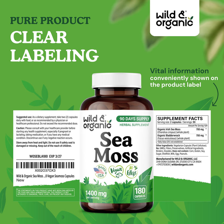 Wild and Organic sea moss complex capsules with bladderwrack ingredients highlighted for natural nourishment.