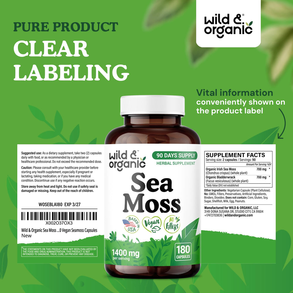Wild and Organic sea moss complex capsules with bladderwrack ingredients highlighted for natural nourishment.
