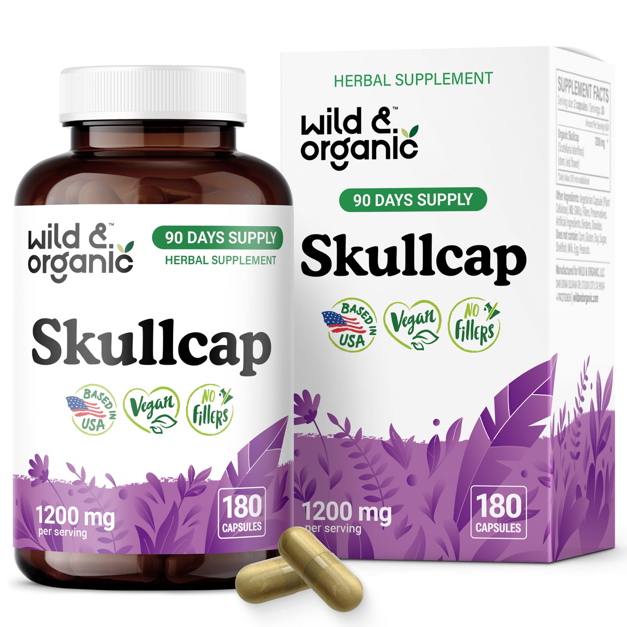 Wild & Organic skullcap capsules bottle close-up highlighting 1200 mg per serving for calm support.