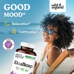 Wild & Organic skullcap leaf extract label showing vegan, non-GMO formula for wellness.
