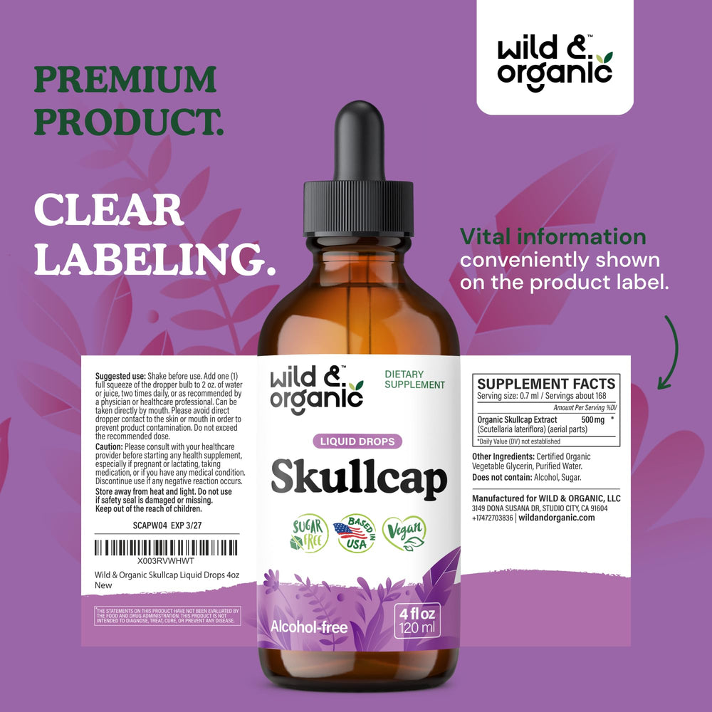 Amber glass Wild & Organic Skullcap tincture bottle preserves potency.