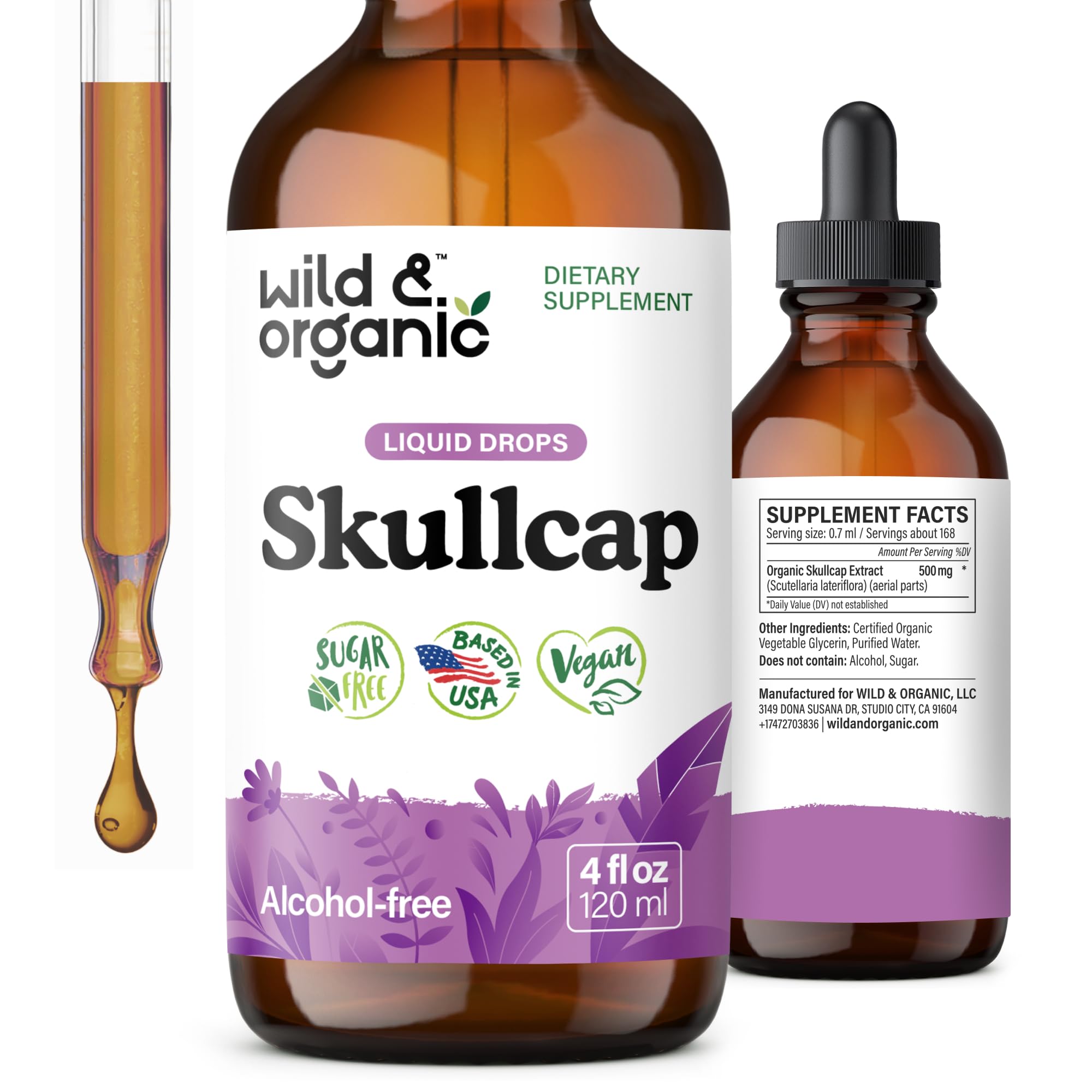 Wild & Organic Skullcap tincture bottle for relaxed mood support.