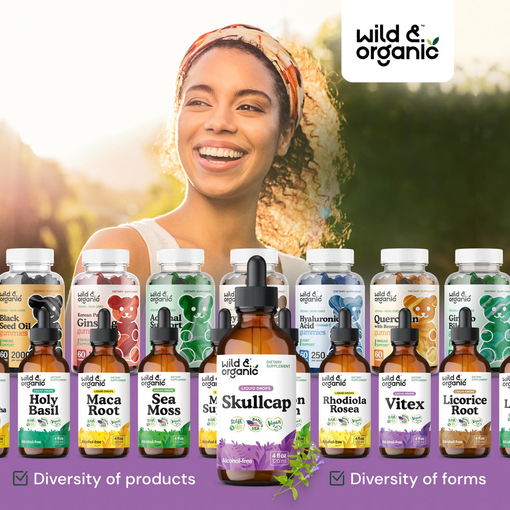 Mood-relaxation cue from Wild & Organic Skullcap tincture branding.