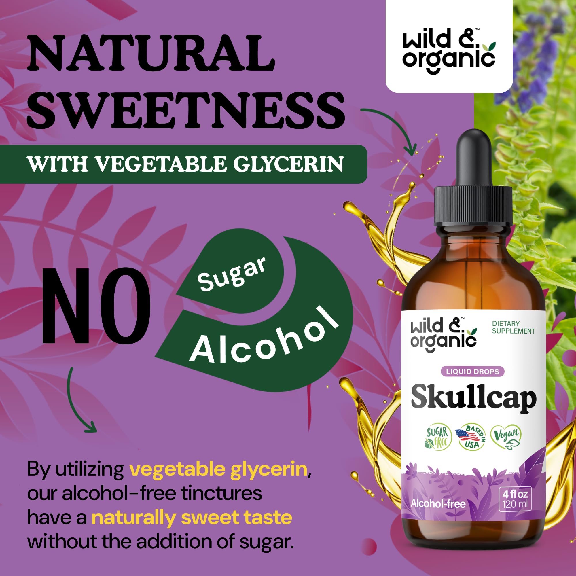 Shelf display of Wild & Organic Skullcap tincture for easy selection.