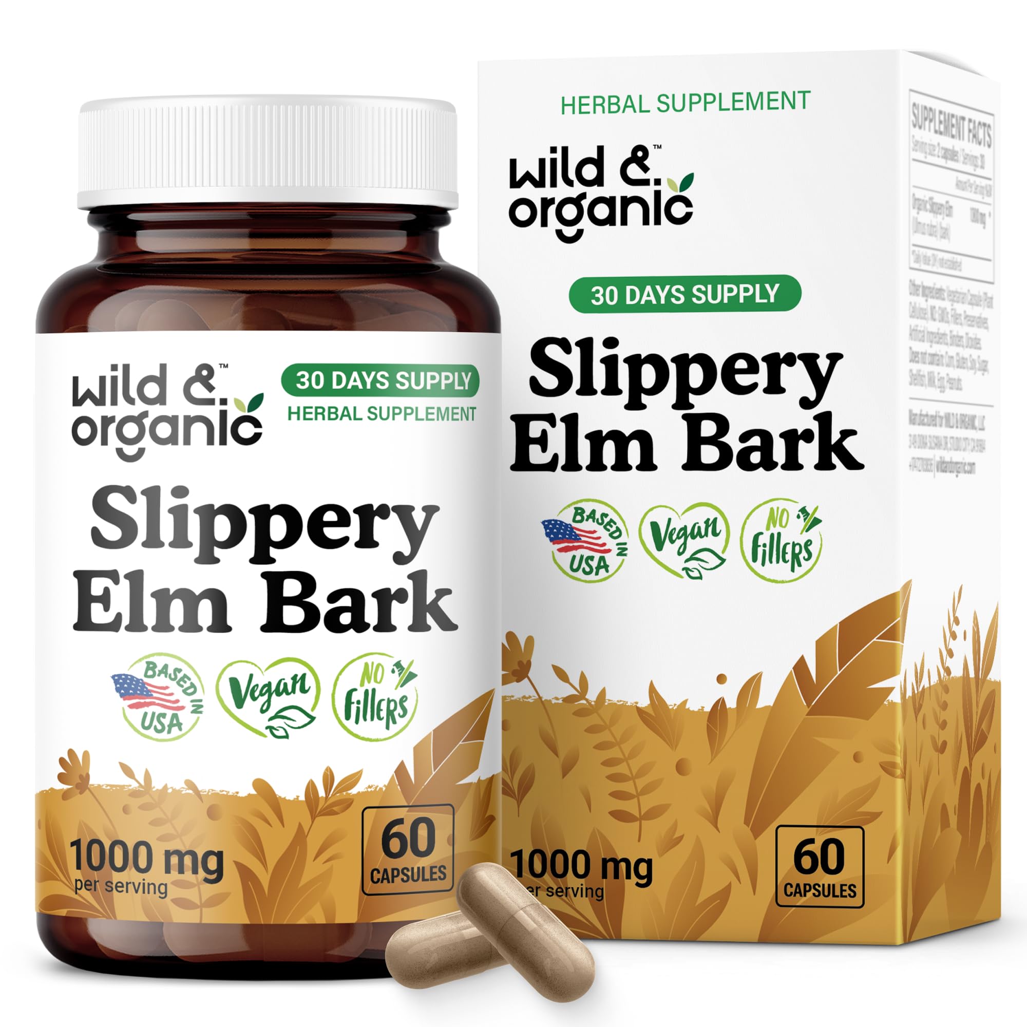 Wild & Organic Slippery Elm capsules on bottle label suggest digestive support potential.
