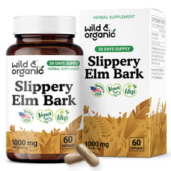 Wild & Organic Slippery Elm capsules on bottle label suggest digestive support potential.