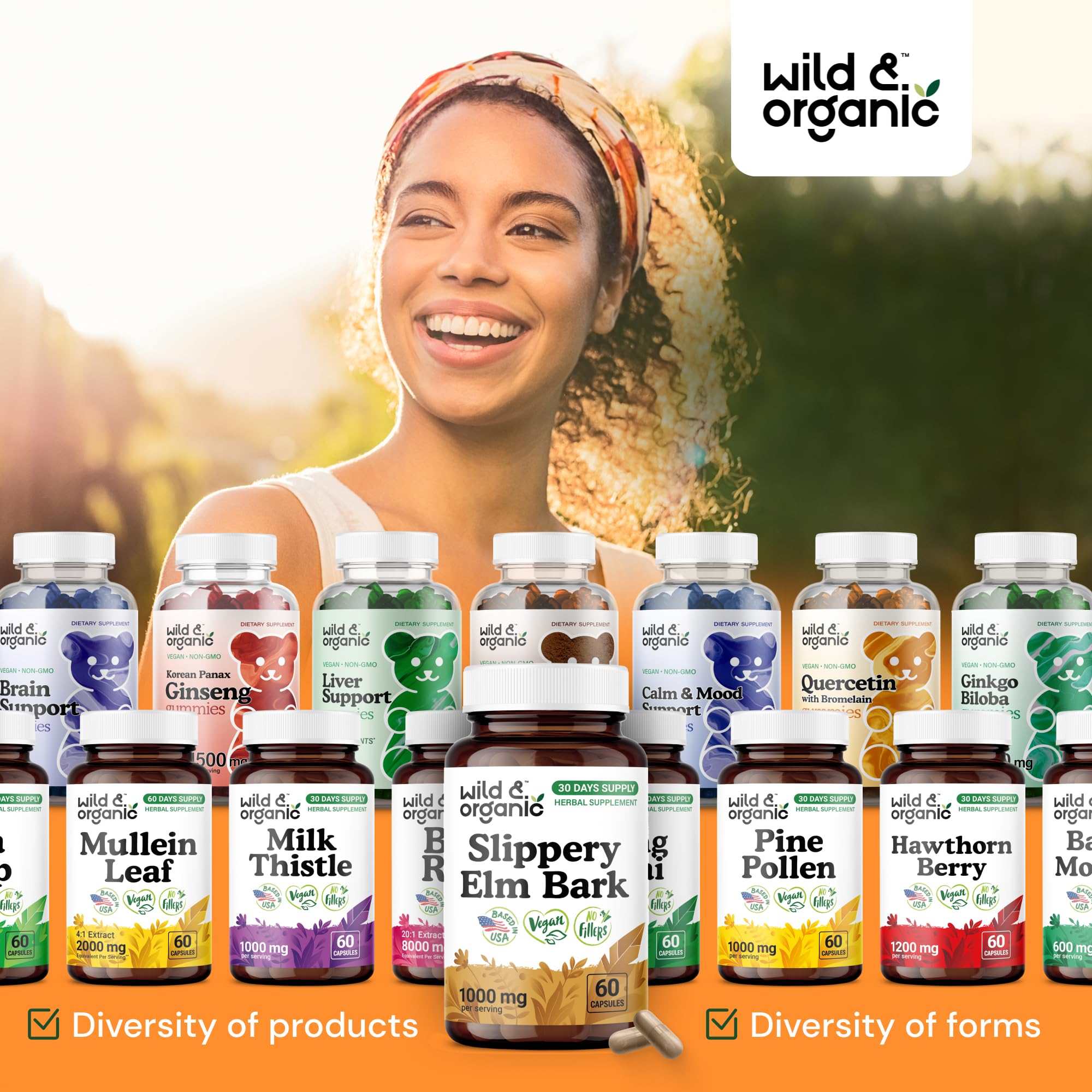 Wild & Organic Slippery Elm capsules bottle side view highlights 60-count, 30-day supply.