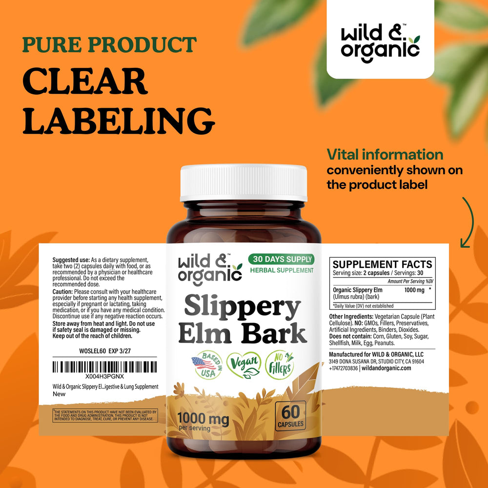 Wild & Organic Slippery Elm capsules close-up conveys natural plant-based purity.