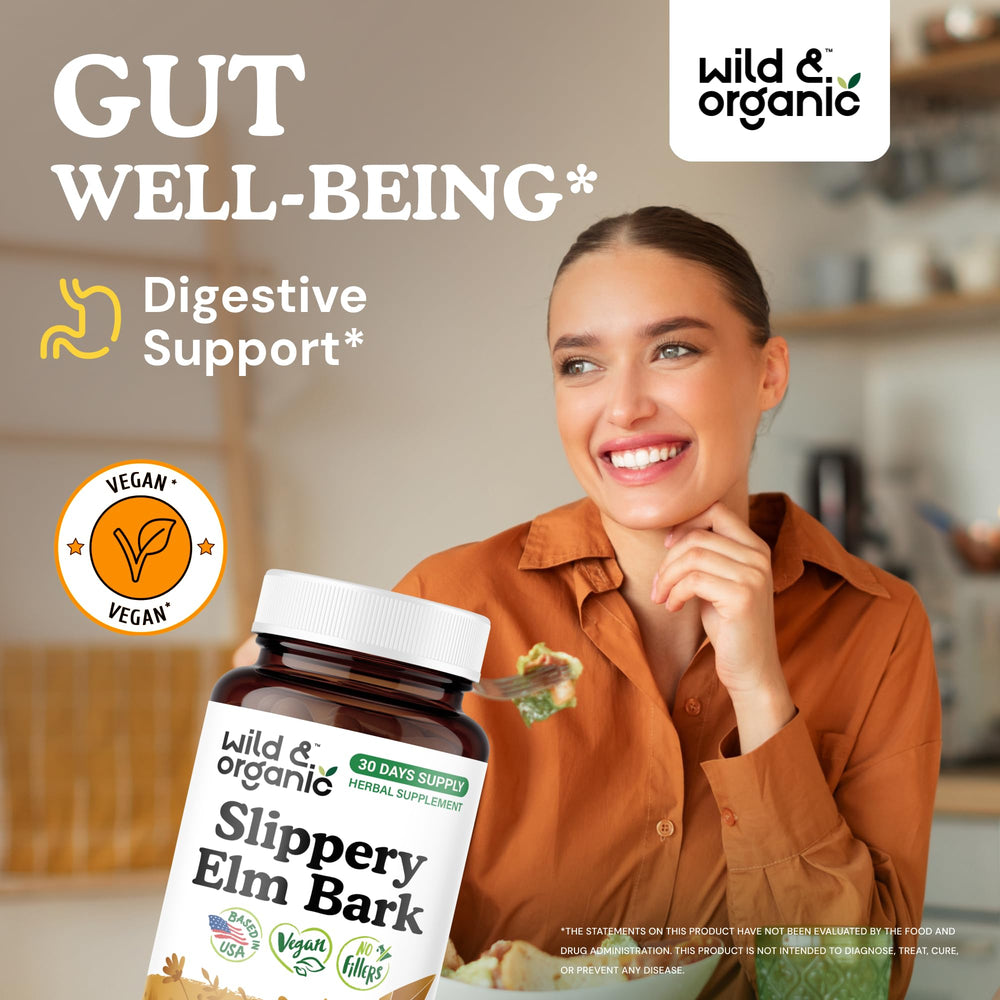 Wild & Organic Slippery Elm capsules pour demonstrates easy daily use.