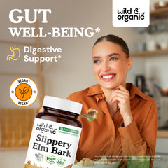 Wild & Organic Slippery Elm capsules pour demonstrates easy daily use.