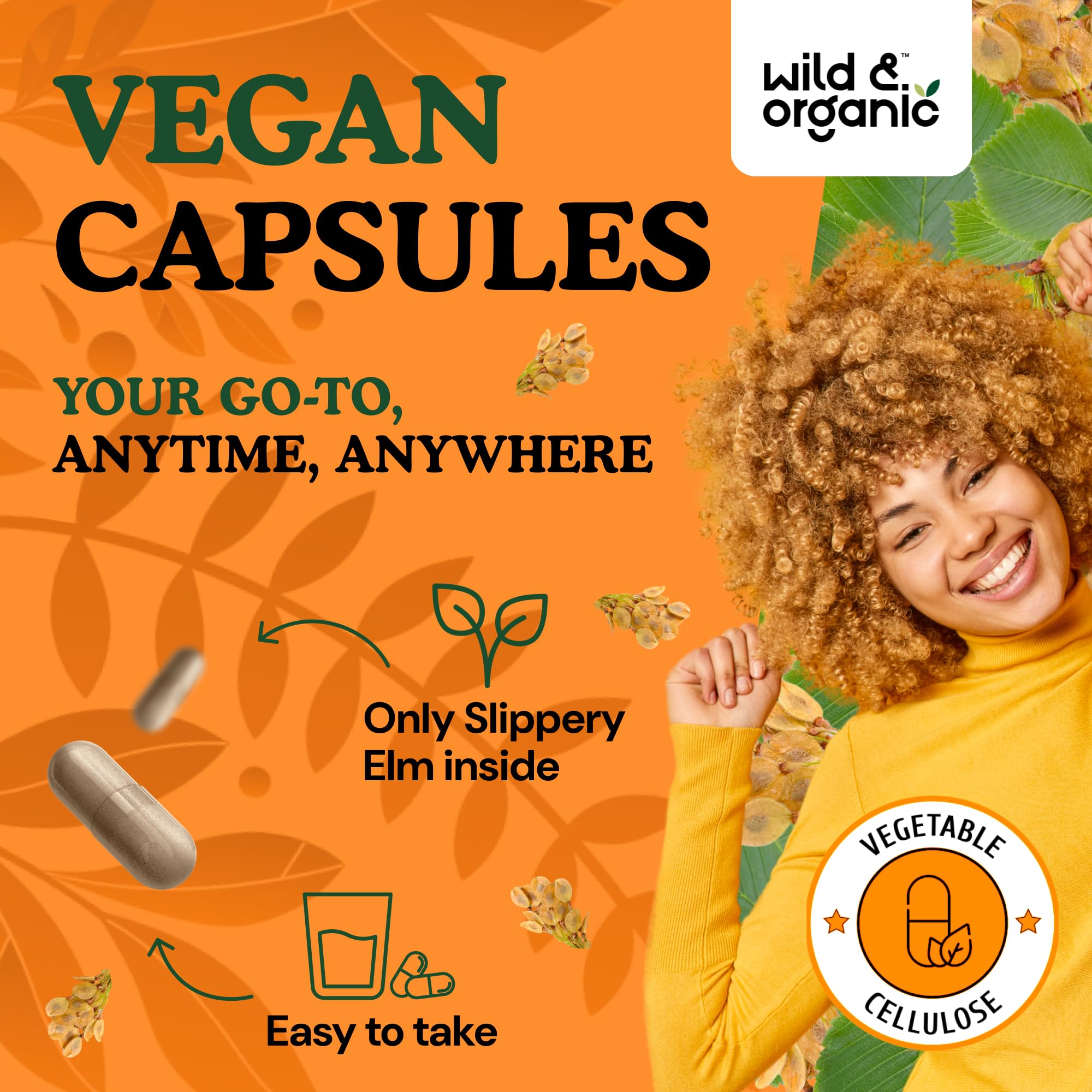 Wild & Organic Slippery Elm capsules on neutral surface emphasize vegan, non-GMO composition.