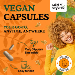Wild & Organic Slippery Elm capsules on neutral surface emphasize vegan, non-GMO composition.