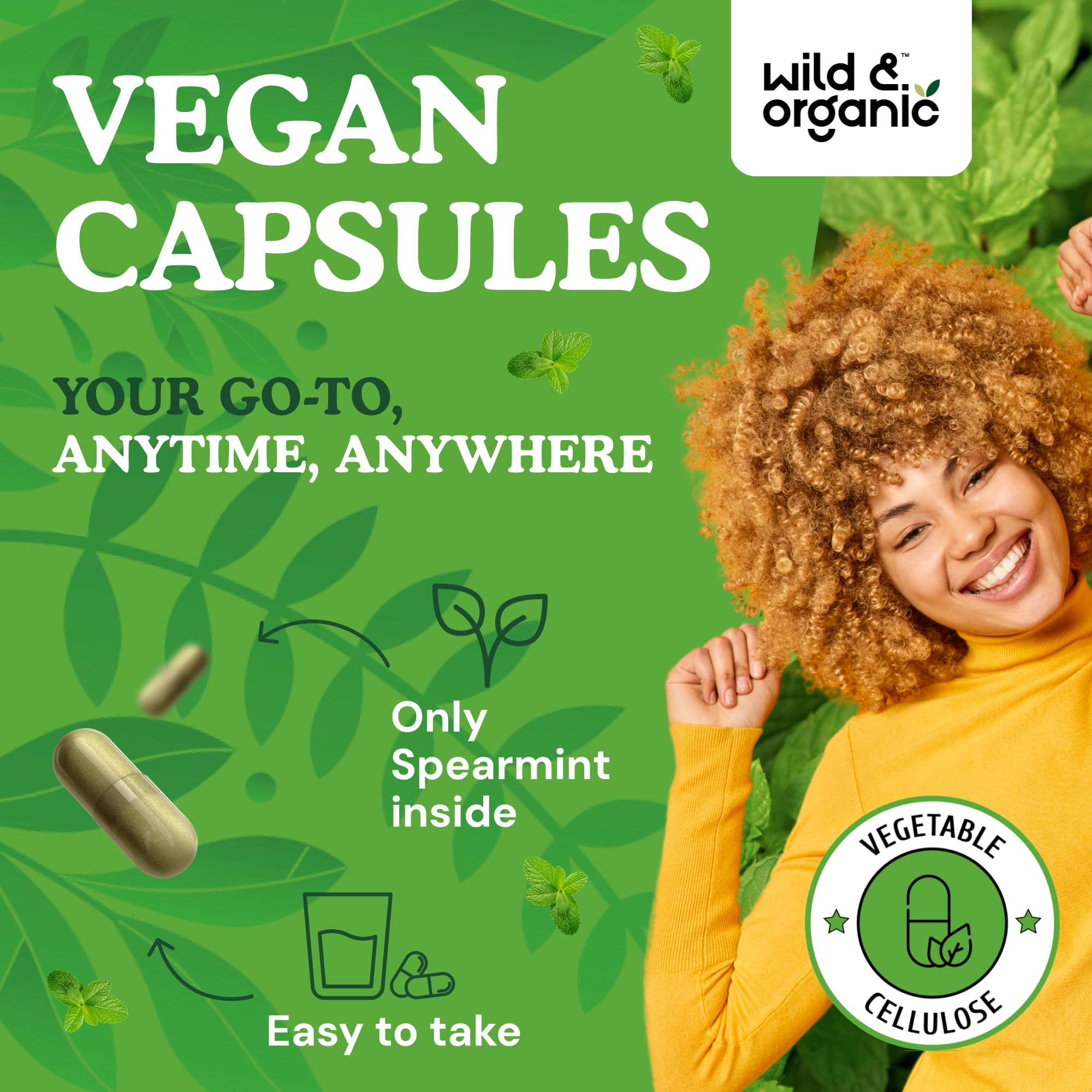 Wild & Organic spearmint capsules plant based coating close view