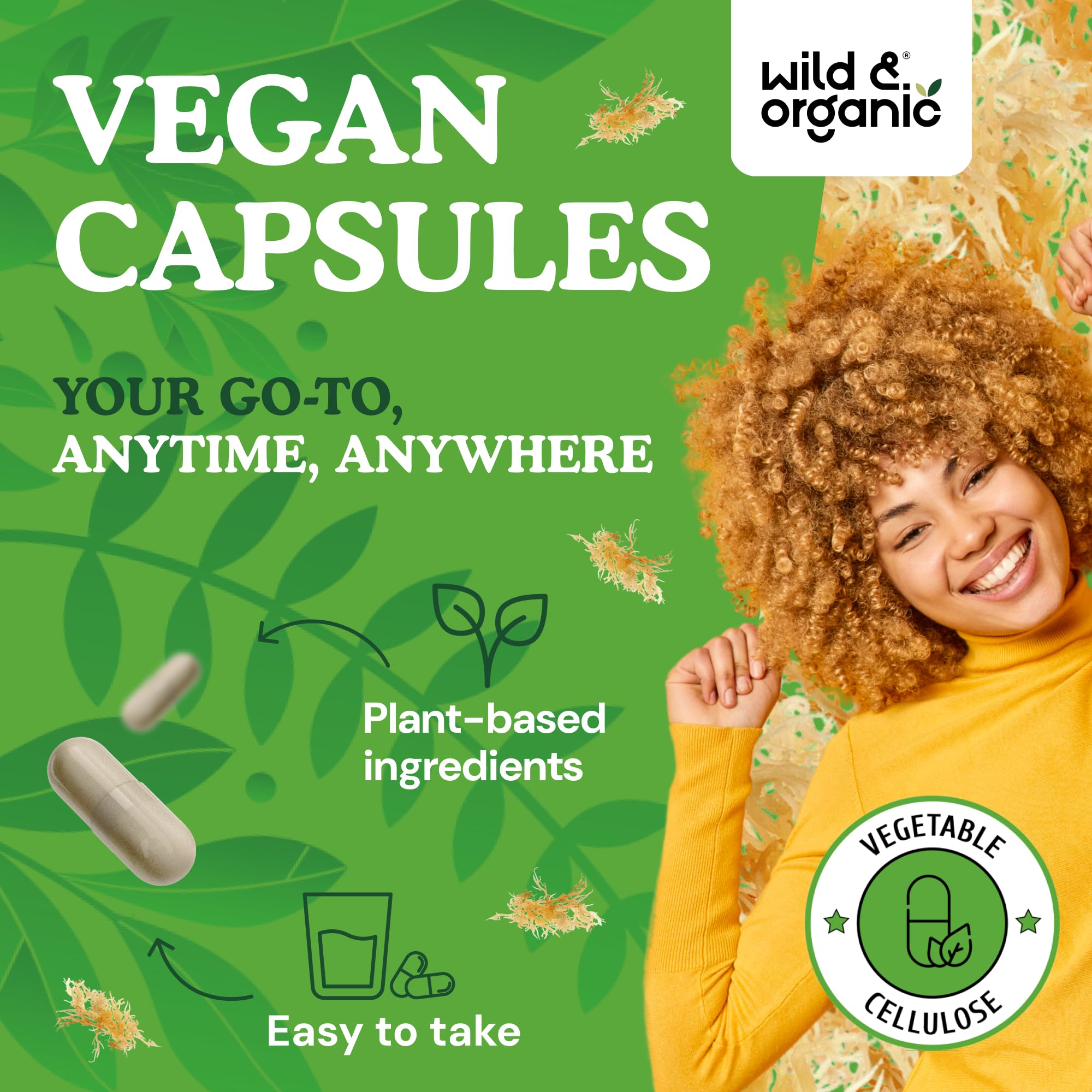 Wild and Organic vegan capsules with vegetable cellulose coating on display.
