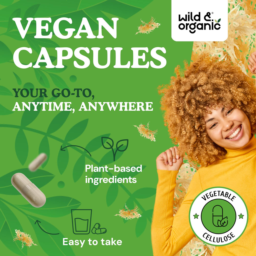 Wild and Organic vegan capsules with vegetable cellulose coating on display.
