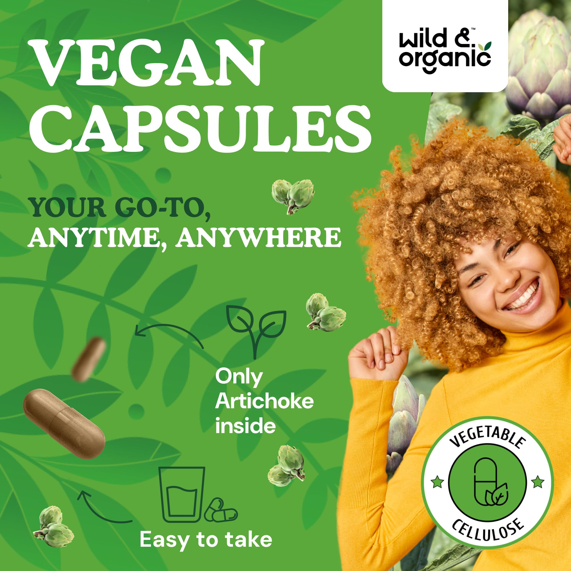 Wild & Organic capsules with vegetable cellulose coating for easy swallowing.