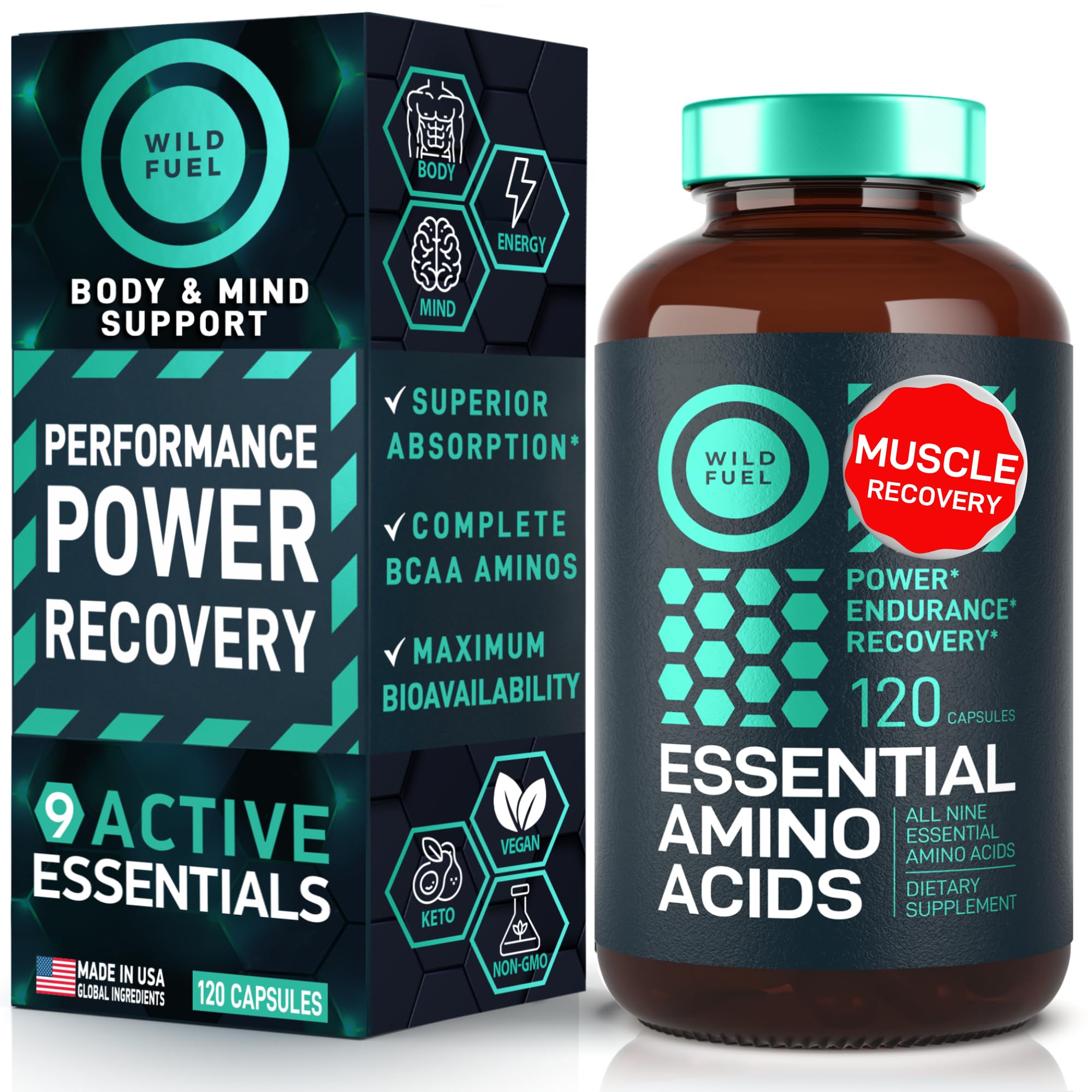 WILD FUEL essential amino acids bottle front promotes complete EAAs for everyday recovery.